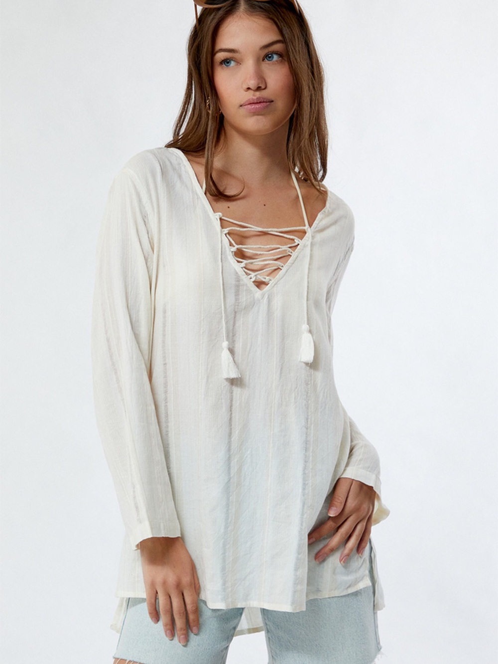 Billabong Ivory Lace-Up V-Neck Coverup Top